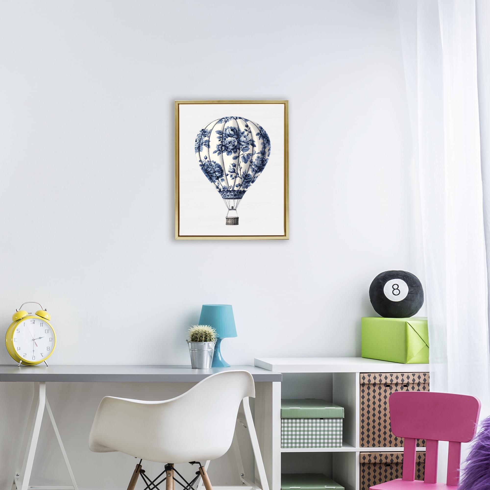 Vintage Toile Hot Air Balloon Gold Framed Floater Canvas Wall Art, design by Lettered and Lined
