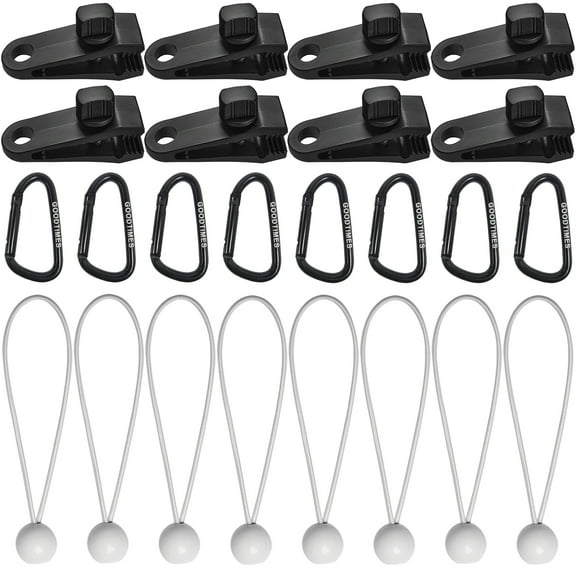 24 Pcs Tarp Clips Lock Grip Tarp Clamps with Bungee Cord and Carabiner for Tent Camping Awnings Caravan Canopies Car Cover Swimming Pool Cover Boat Cover Fasteners Clips