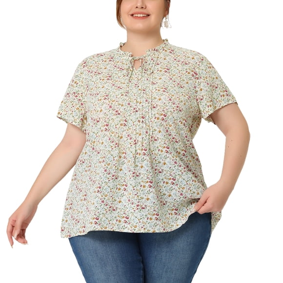 Blusa de verano casual de mujer plus size con cuello atado y mangas cortas, estampado floral, Agnes Orinda, talla 3X, blanca
