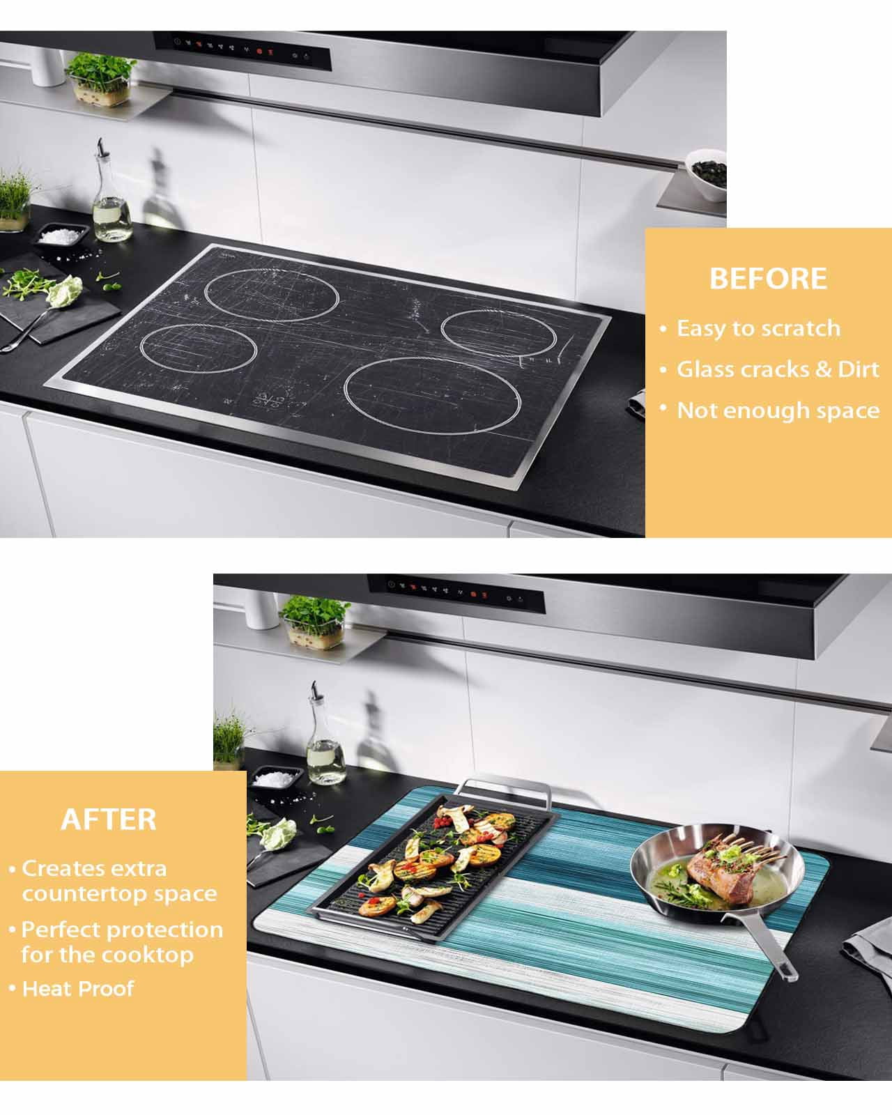 nqOlkjepod Large Induction Cooktop Protector Mat 36"x21", Teal Blue Green Stove Top Covers for Electric Stove, Modern Ombre Minimalism Abstract Stripes Stove Burner Cover Mats, Glass Top Stove Cover