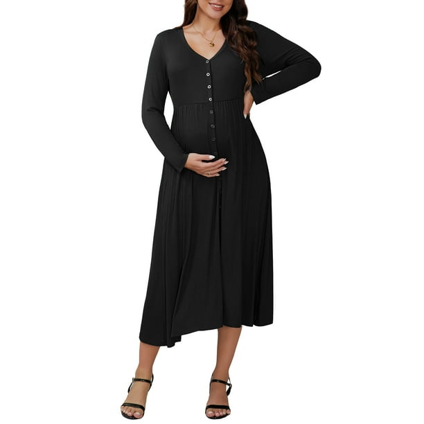 INSPIRE CHIC Vestidos de Maternidad para el Día de la Madre de Mujeres, Vestido Maxi de Embarazo de Manga Larga con Botones y Pliegues, 2XL Negro