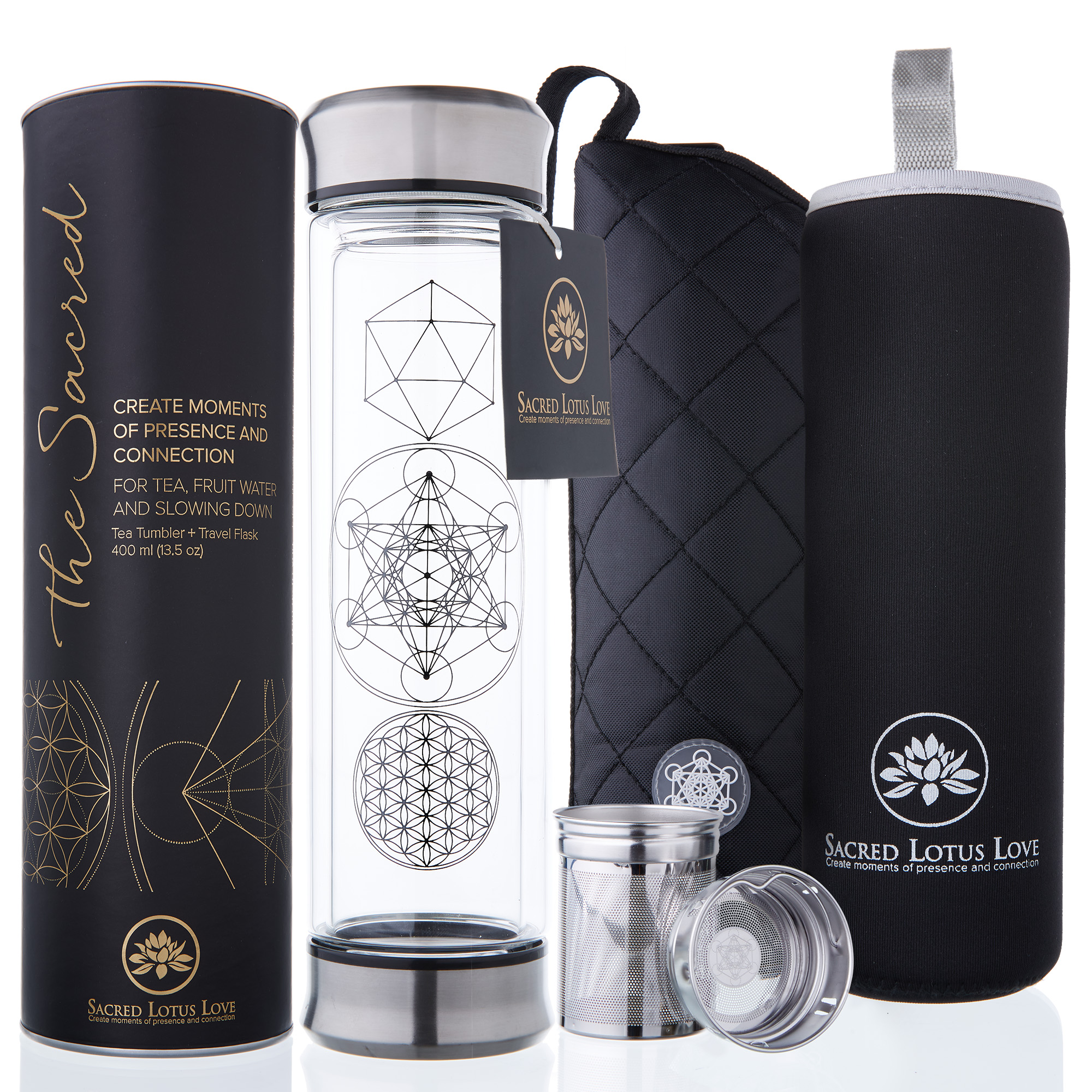 The Sacred Glass Tea Infuser Bottle + Strainer for Loose Leaf, Herbal, Green or Ice Tea. 415ml/14oz Cold Brew Coffee Mug + Fruit Infusions tumbler. Free Quilted and Neoprone Sleeves - image 2 of 11