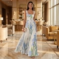 thumbnail image 2 of Women Square‑Neck Sleeveless Blue‑Iris Floral Print Belted Pleated Flowy Maxi Dress, Elegant Casual Summer Long Dress, 2 of 11