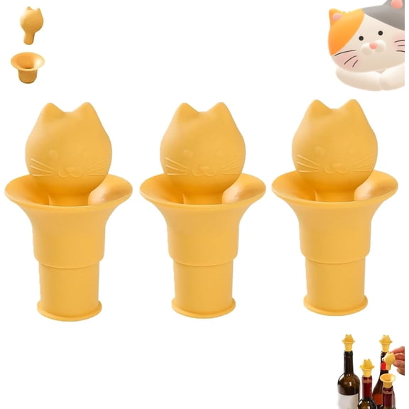 Cat Head Bottle Stopper，Cat Shaped 2-In-1 Wine Bottle Stopper And Funnel，Leak Proof Silicone Seal，Leak Proof Silicone Seal, Reusable Storage Tool (3pcs)