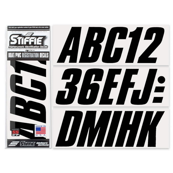 STIFFIE Shift Black SUPER STICKY 3" Alpha-Numeric Identification Custom Kit Registration Numbers Letters Stickers Decals for Boats & Personal Watercraft PWC Sea-Doo SPARK, Inflatable Boats, RIB, PVC