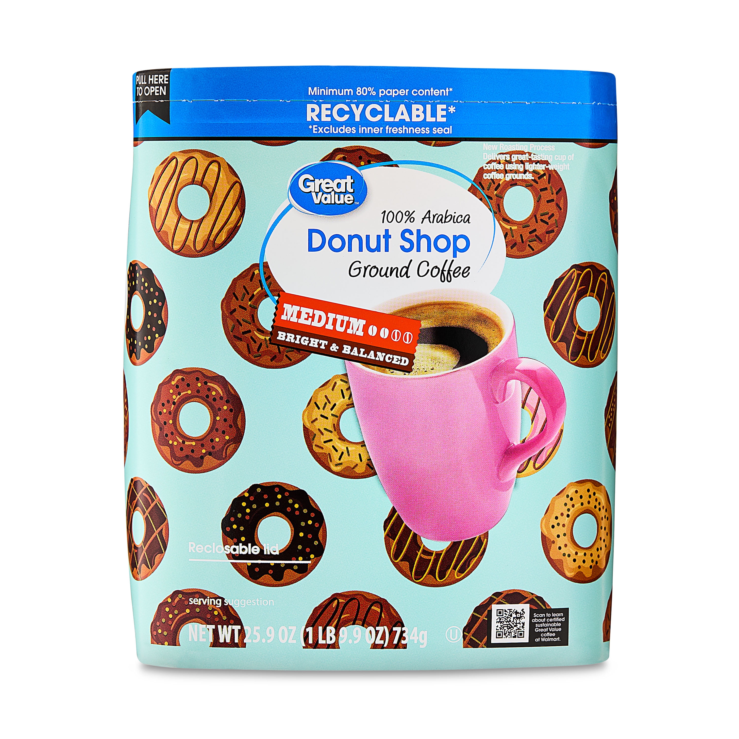 (6 pack) Great Value Donut Shop 100% Arabica Medium Ground Naturally Caffeinated Coffee, 25.9 oz