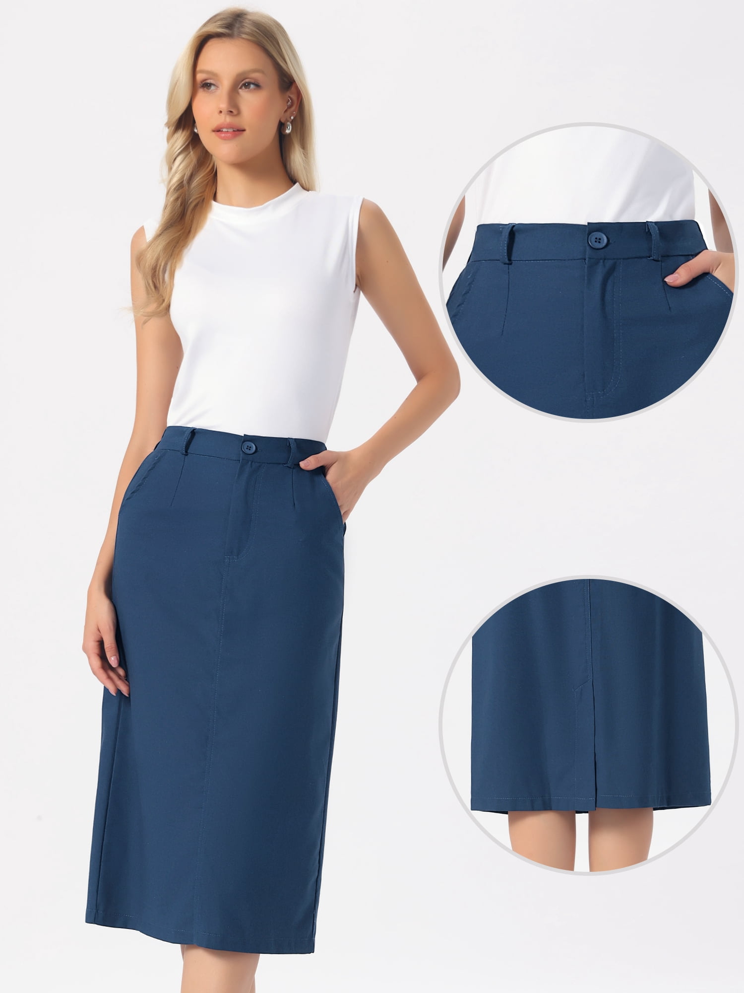 DARING DIVA Women's Soft Spring Summer Cotton High Waisted Skirt with Pockets XS Dark Blue