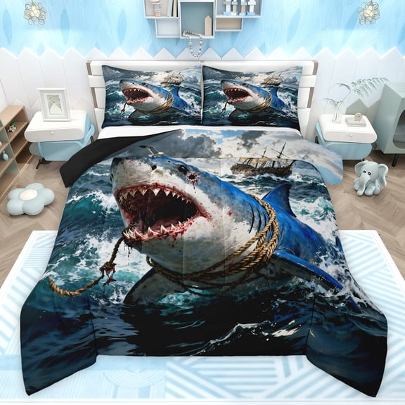 Feelyou 3D Sea Shark Child Full Size Comforter Sets, Hunting Fishing Bedding Sets, 3pcs