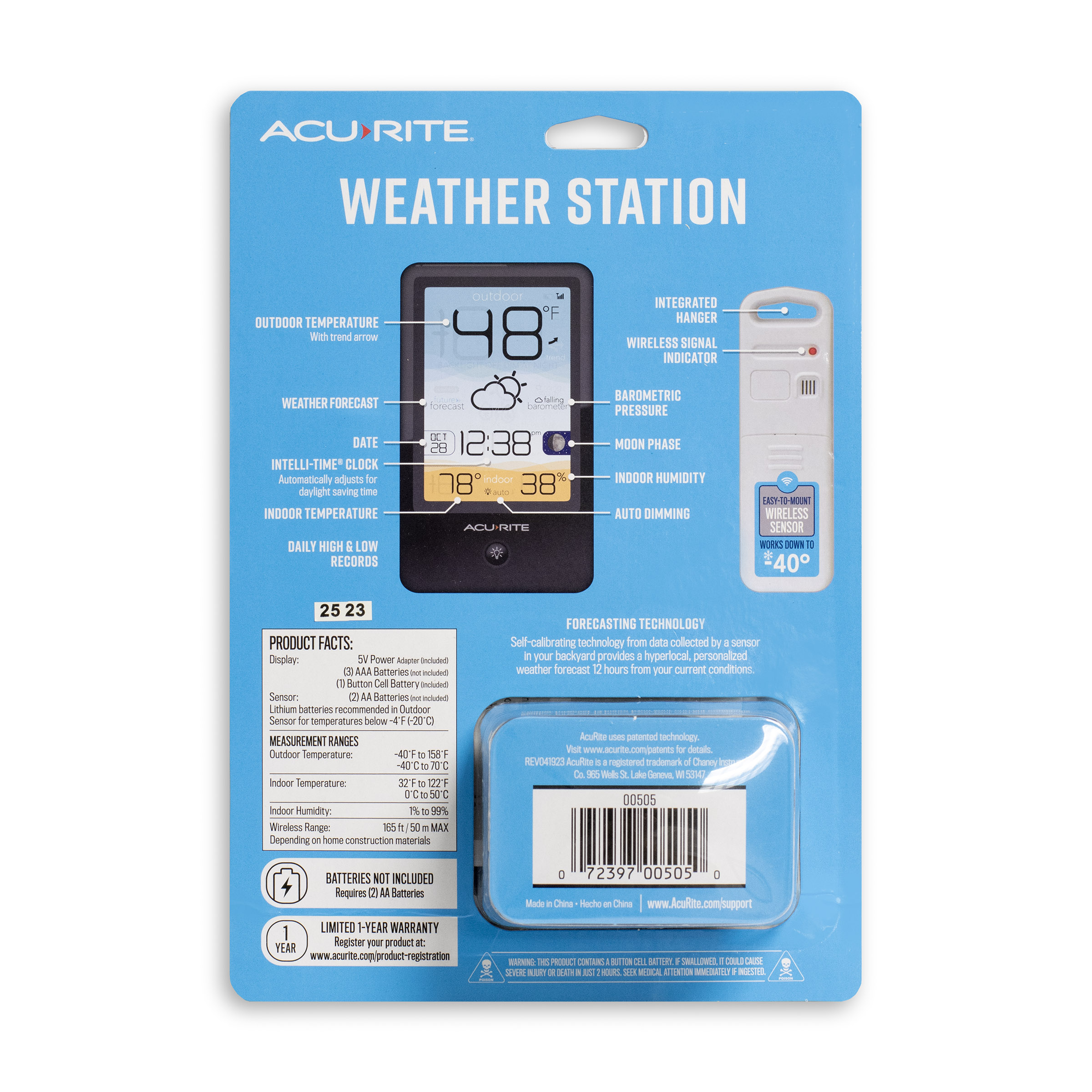 AcuRite Vertical Color Weather Station with Hyperlocal Forecast, Indoor/Outdoor Temperature, Outdoor Humidity, Time/Date, and Moon Phase (00505)