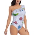 thumbnail image 3 of Salouo Sea Turtle Whale Pattern One Shoulder Ruffled One Piece Swimsuit for Women V Neck Swimwear Tummy Control Bathing Suit-X-Large, 3 of 6