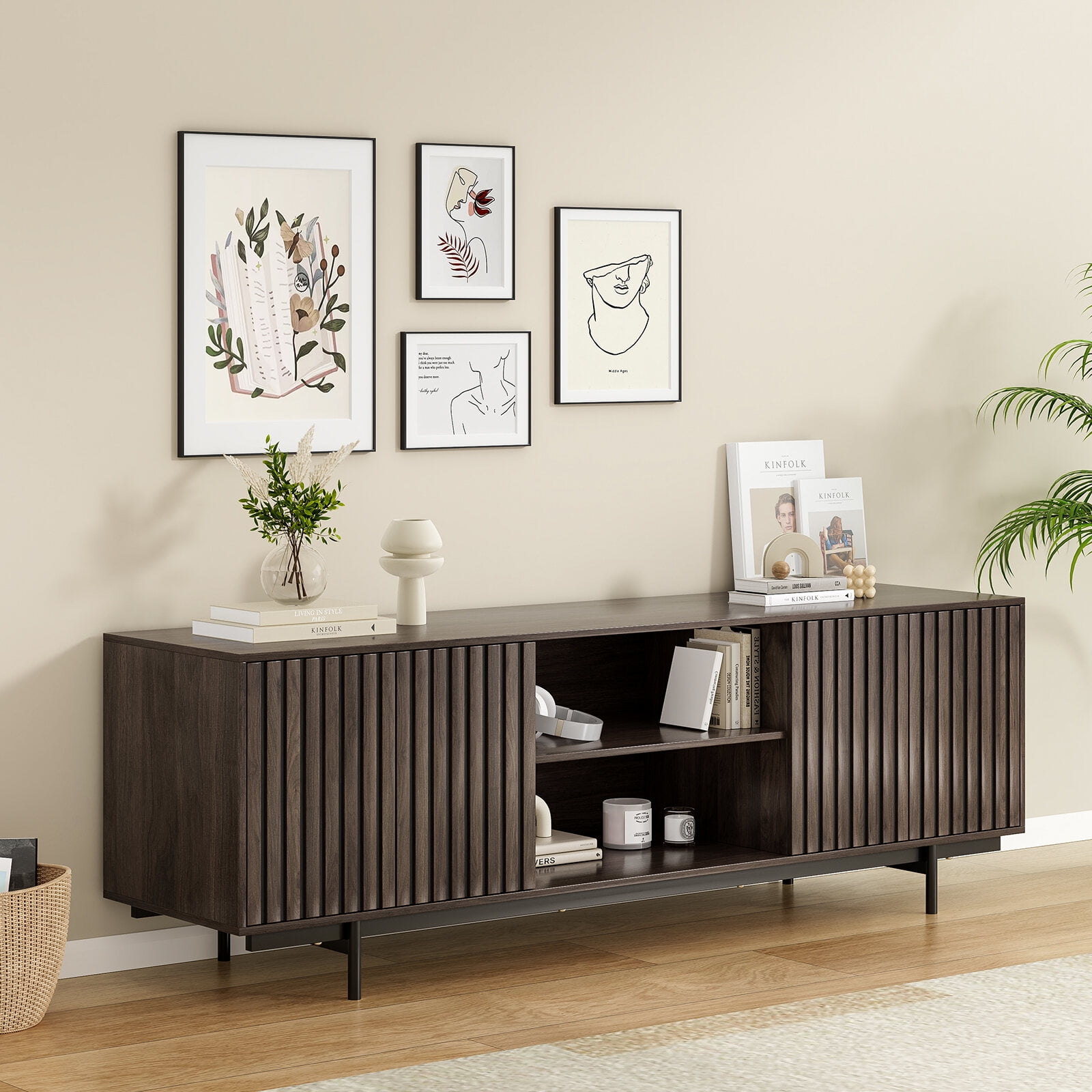 TV Stands With Storage Mid Century Modern TV Stand for TVs Up to 75", Farmhouse Fluted TV Stand, Retro Wood TV Stand with Storage and Shelf, Entertainment Center with Pop-Up Doors for Living Room, B