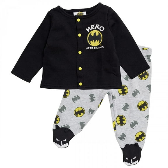 BATMAN Baby Boys Outfit with Snap Shirt and Baby Footed Pants Baby Boy Clothes Black/Grey/Yellow, 6-9M