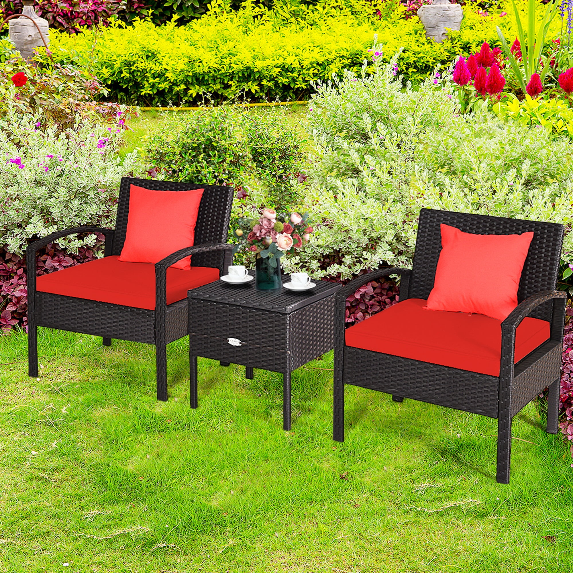 Gymax 3PCS Rattan Patio Conversation Furniture Set w Storage Table Red Cushion