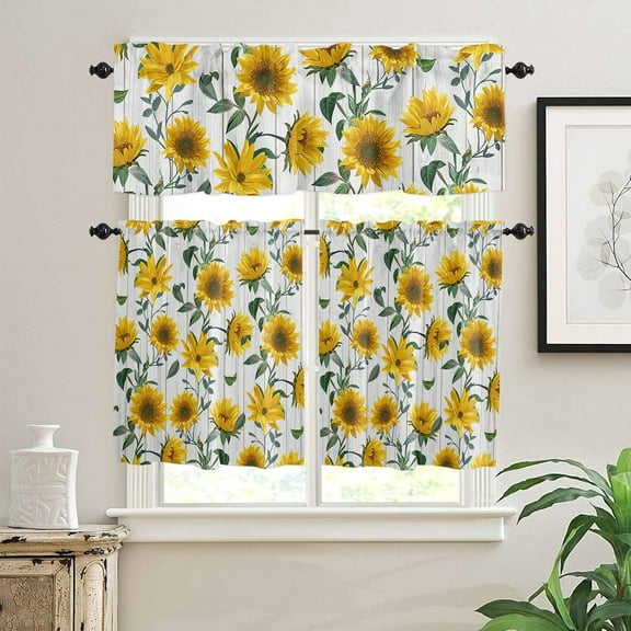 Sunflower Kitchen Curtain Valance and Tiers Set Yellow White Flower Rod Pocket Kitchen Tier & Valance Set 3 Piece Farmhouse Floral Rustic Wooden Window Curtain Valance Tier Set 54 in x 36 in