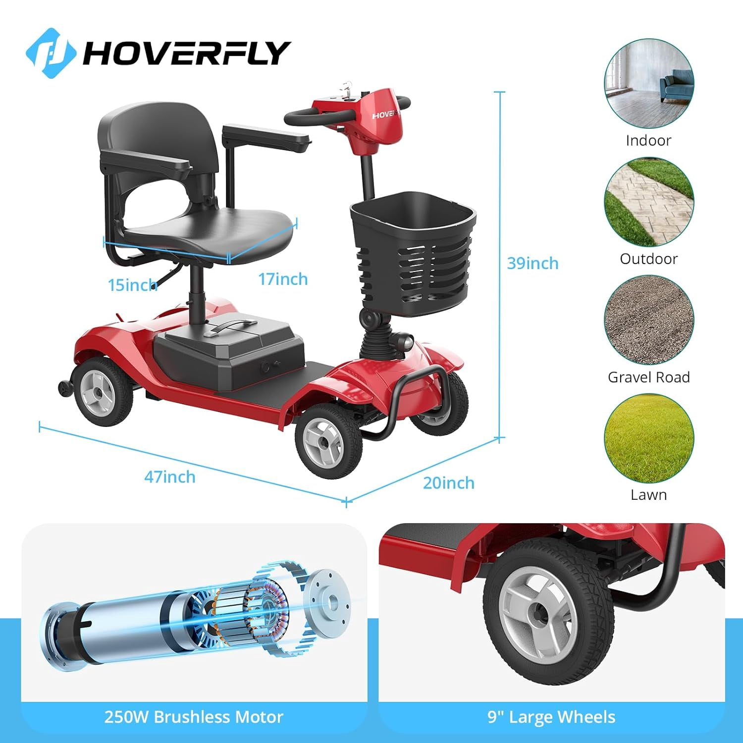 Hoverfly T4 Electric Mobility Scooter for Seniors, 4 Wheels, 330 lbs Capacity, Basket & LED Lights, Red