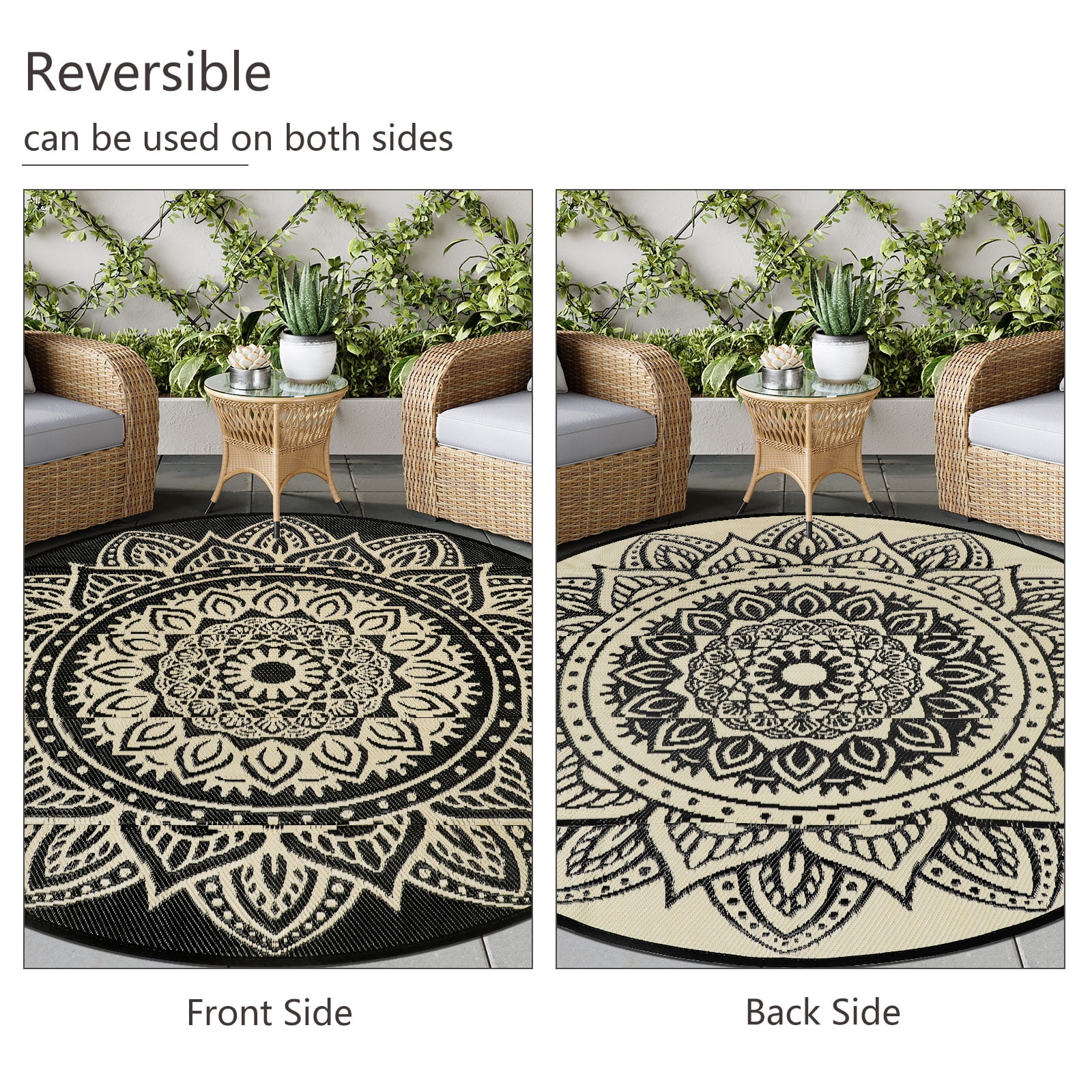 Aonewoe Round Outdoor Rugs 6ft Waterproof Patio Plastic Straw Rug Reversible Camping Carpet Indoor Outdoor Area Rug for Patio,Deck,Balcony,Picnic,Beach,Outside