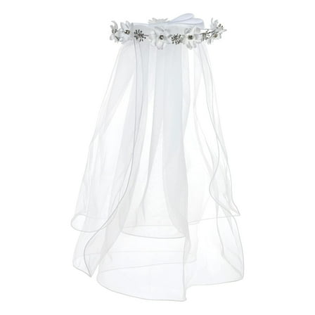 First Communion Veil with Floral Crown, White Tulle with Rhinestones, Girls Religious Headpiece