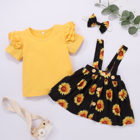 

RPVATI Infant Baby Toddler Child Children Kids Clothes Short Sleeve Ruffle T Shirts + Floral Suspender Skirts Headwear 3 Pieces Summer Clothes