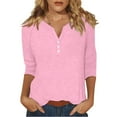 thumbnail image 1 of DENGDENG Womens Tops Casual 3/4 Sleeve Henley V-Neck Basic Tees Summer Button Down Elbow Tunics Solid Color Three Quarter Length Shirts Loose Work Clothes Pink M, 1 of 4