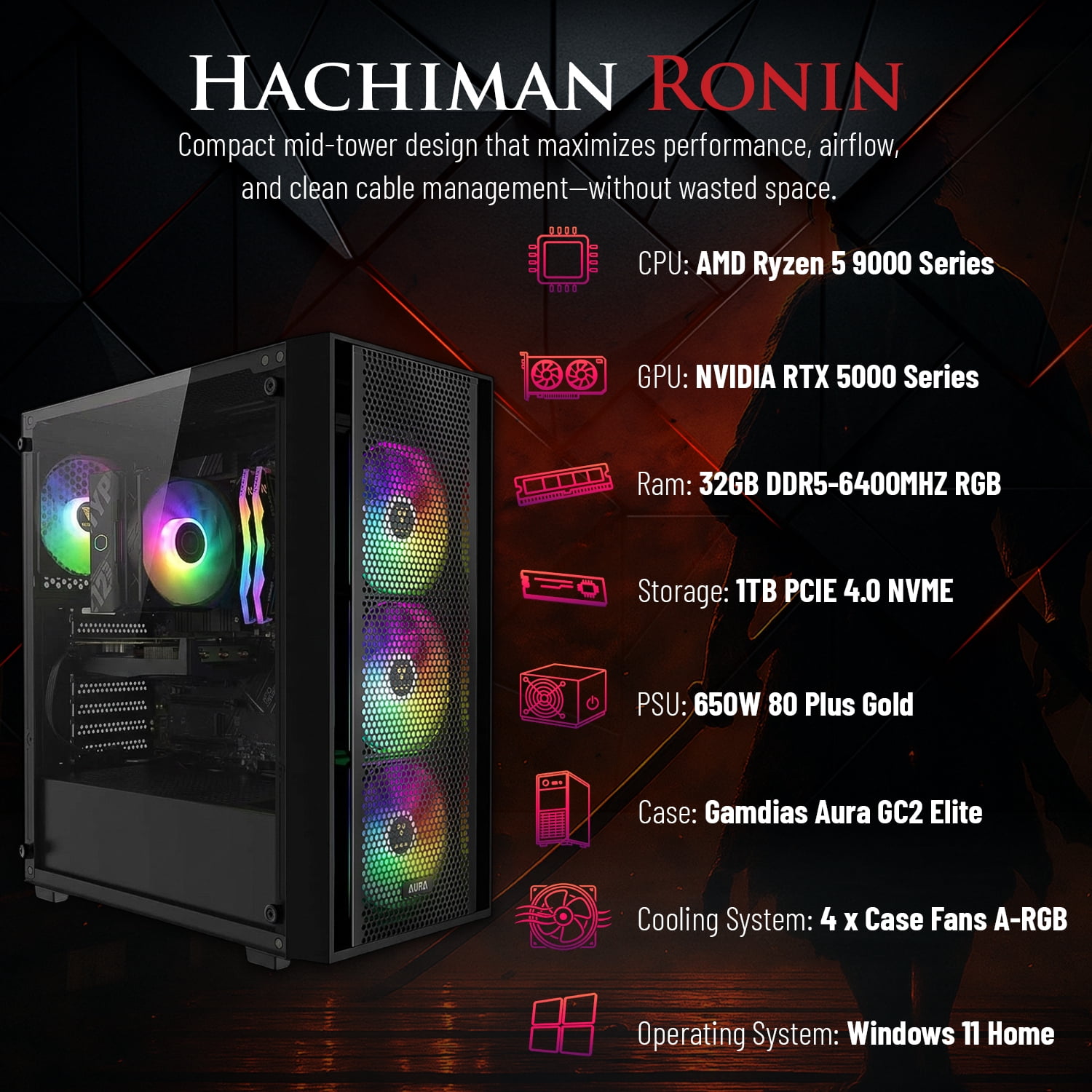 Hachiman PC Ronin Gaming PC, AMD Ryzen 5 9600X, NVIDIA GeForce RTX 5060 8GB, 32GB DDR5 6400MHz RGB, 1TB Gen4 NVMe SSD, Wi-Fi 6, Windows 11 Home, Desktop Computer