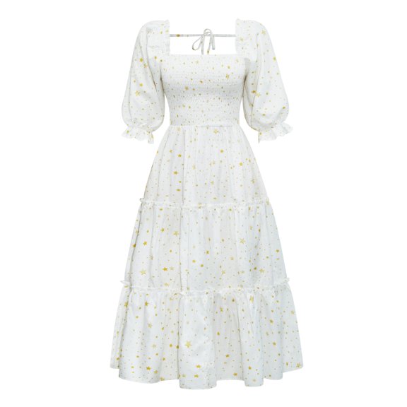 Womens Dresses Fashion new summer square neck open back strapping lantern mid-sleeve floral women's dress pleated skirt