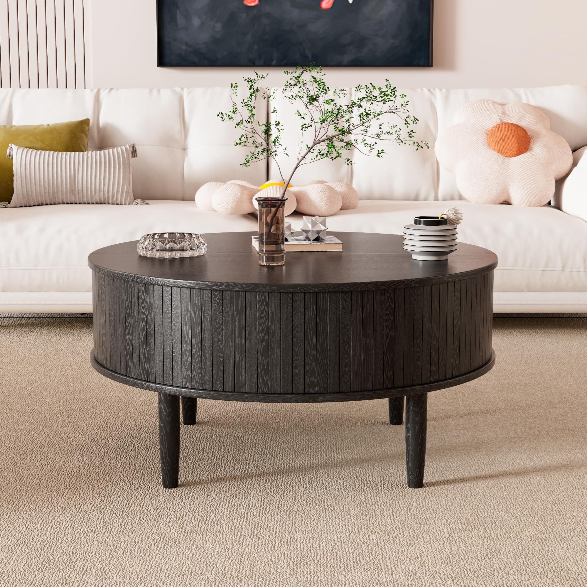 Fsbecl Mid-Century Fluted Wood Coffee Table with Storage, Black
