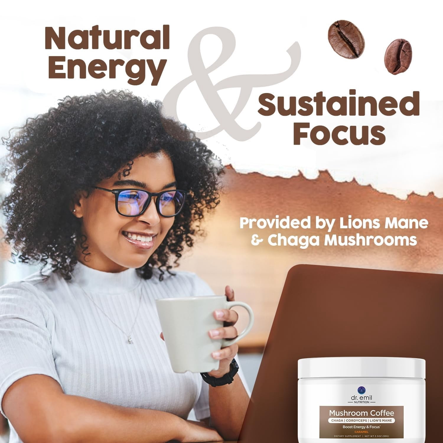 DR. EMIL NUTRITION Mushroom Coffee, Caramel, 3.5 oz, 30 Servings