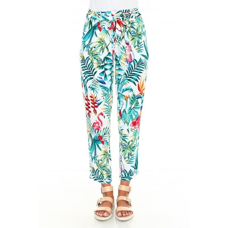 - Geman Women's Tropical Floral Print Capri Trouser Pants Self Tie Waist Zip Up Closure White/Multi Small