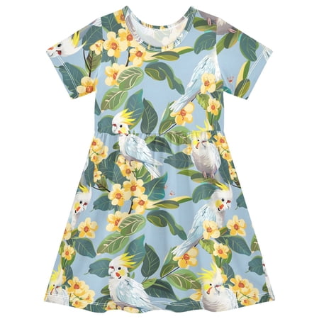 Parrot Short Sleeve Dress A-Line Cute Midi Casual Sundress 2-8 Years