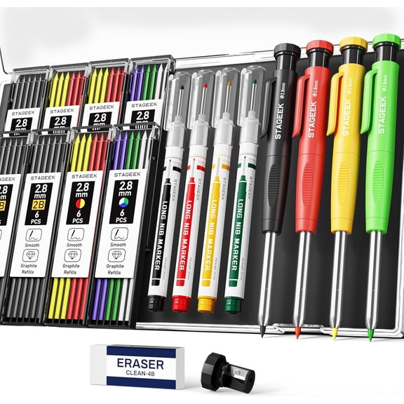 STAGEEK 4 Pack Carpenter Pencil with Sharpener, Mechanical Pencils Set, Heavy Duty Construction Pencil, Carpenter Tools for Architect Marking