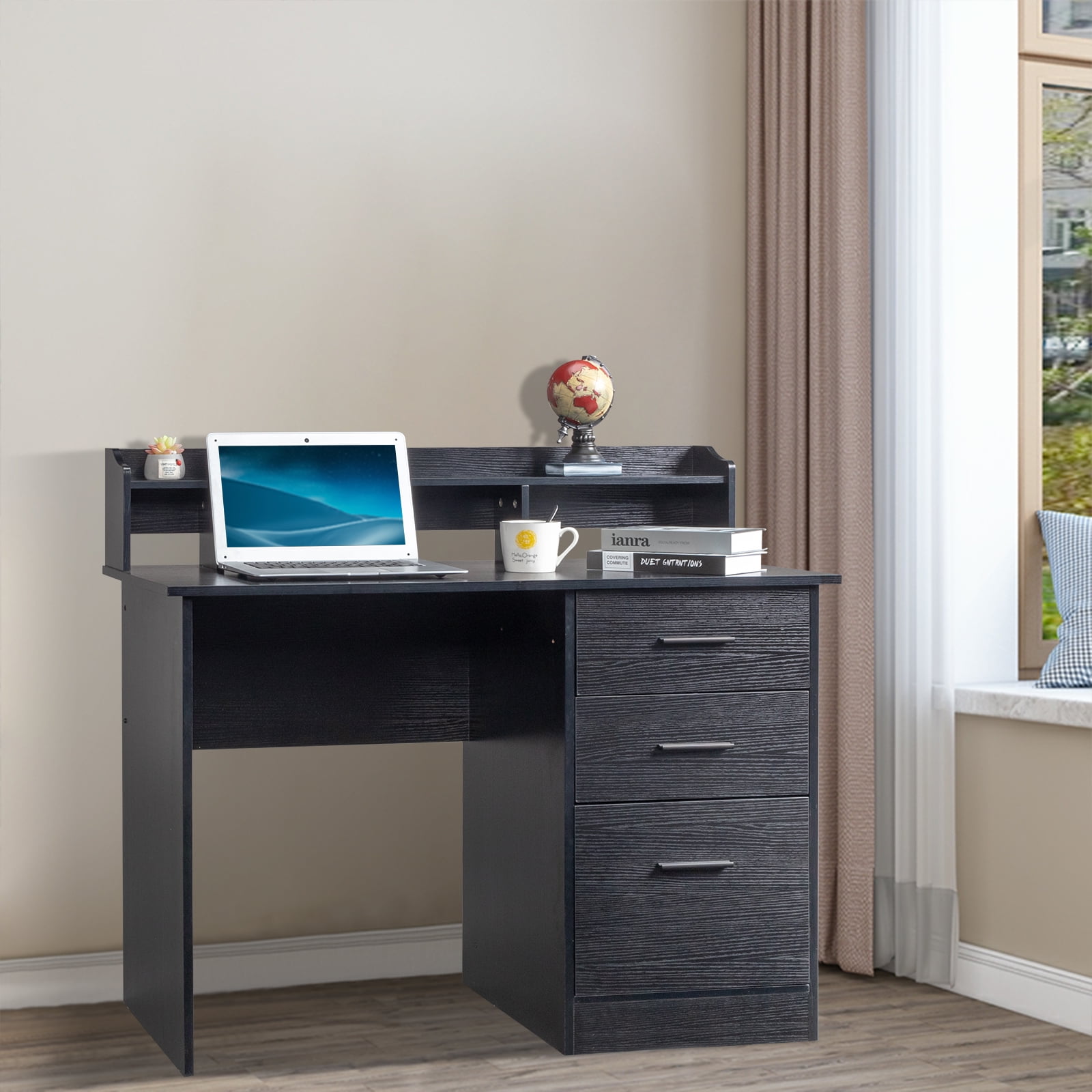 Computer Desk, Particleboard Paste Triamine Desktop Storage Layer Three Drawers Black Wood Grain, 110*50*95cm
