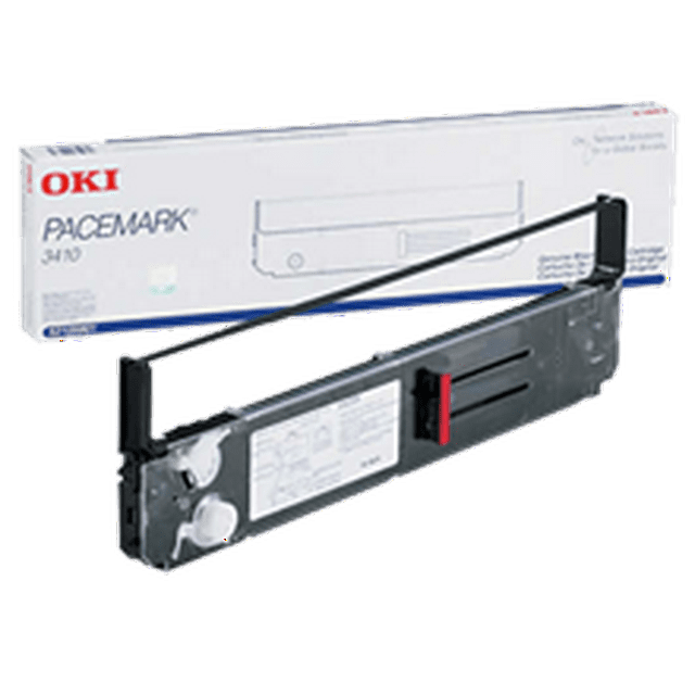 Brand New Original OKIDATA 52105801 Black Ribbon for Okidata Pacemark 3410, displayed with its branded packaging. This black printer ribbon is a replacement part compatible with the Okidata Pacemark 3410 model, ideal for maintaining print quality. Includes a 1-year warranty for free replacement or refund, suitable for printer supplies and parts needs.