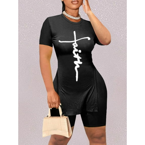 LovelyWholesale Women's Letter Print Split Shorts Set