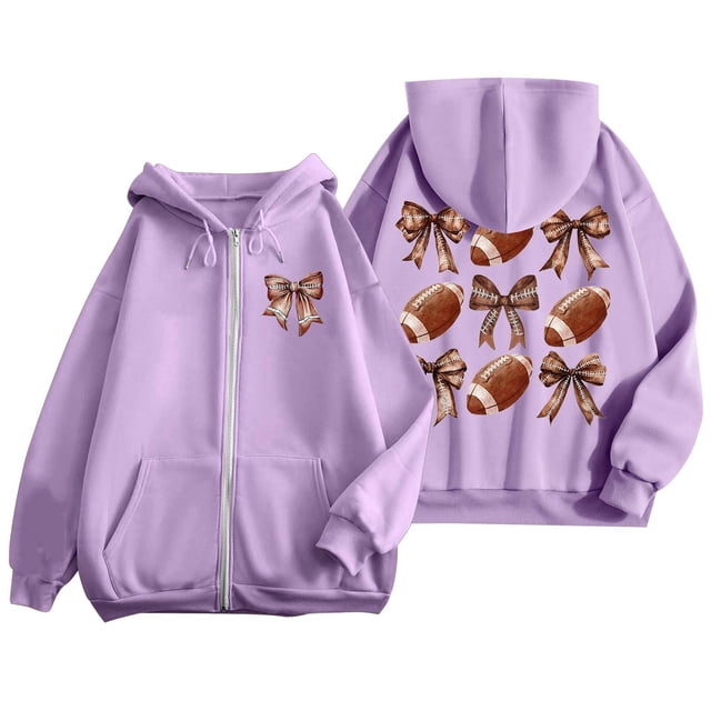 Women's Fashion Rugby Print Zippered Long Sleeve Hoodie with Pocket Drawstring Casual Athletic Sweatshirt