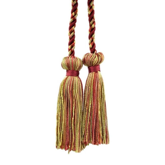 Decorative Double Tassel Curtain and Drapery Tieback / Holdback, 3" Tassel (7.5cm), 27" Spread (68.5cm) # CCT, Cajun Red #PR15 (Crimson Red, Light Beige, Light Gold) Sold Individually