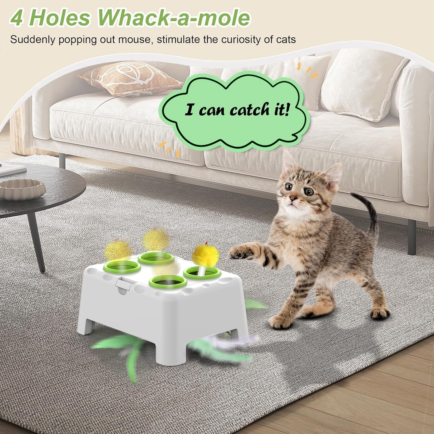 2-in-1 Cheese Box Interactive Cat Toys Automatic Cat Toy, 4 Holes Mice Whack A Mole &  Moving Feather& Squeaky, Portable USB Rechargeable Electronic Kitten Toys (White)