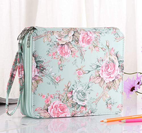 Shulaner 120 Slots Colored Pencil Case with Zipper Closure Large Capacity Green Rose Oxford Pen Organizer Flower Pencil Holder for Student or Artist