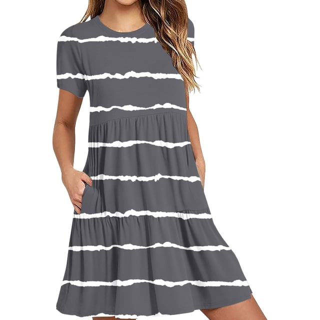 Hyknon Robes pour Femmes Mode Été Décontracté Manches Courtes Robe T-Shirt à Étages Mini Robes avec Poches Décontracté Doux Fluide Ample Robes