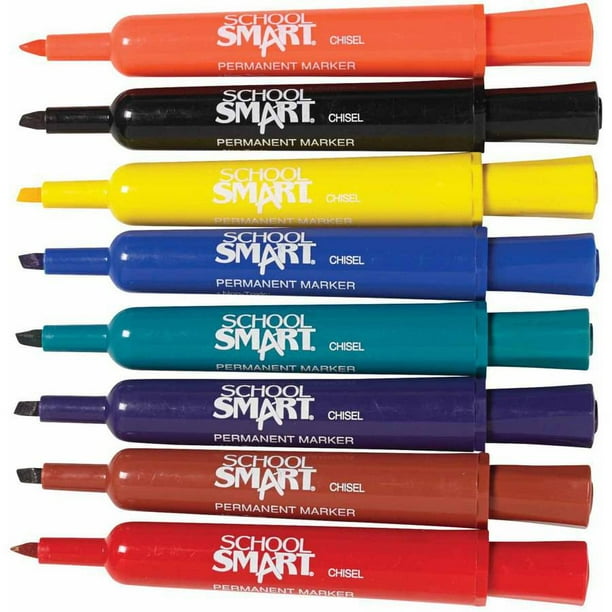School Smart Permanent Marker Set, Broad Chisel Tip, Assorted Colors