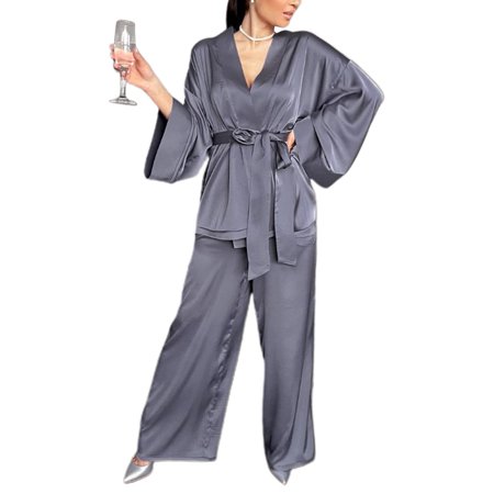 

Women Satin Pajama Set Ladies Long Sleeve Sleepwear Loungewear Nightwear Lace Up