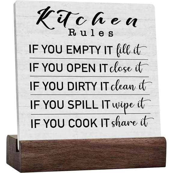 Funny Kitchen Rules Sign,Kitchen Decor For Counter,Country Kitchen Signs Humor Kitchen Decor Counter Dining Room Shelf Table Decor Ceramic Desk Sign Plaque With Wooden Stand For Home Office Decor