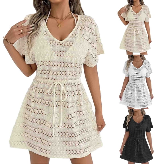 Swimsuit Coverup for Women Crochet Knit Hollow Out Slim Fit Beach Coverups Dress with Belt Cap Sleeve Bathing Suit Cover Up Mini Dress 2026 Summer Beach Vacation Outfits