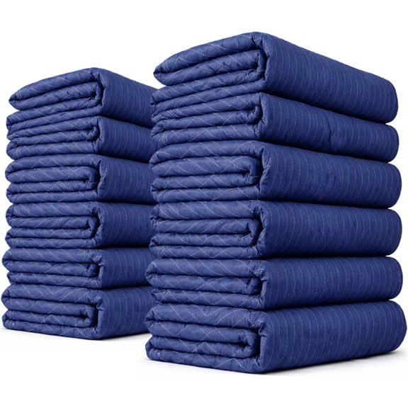 Edcc Moving Blankets Heavy Duty 72"x80" 12-Pack (43 lbs/doz), Packing Blankets for Moving Furniture, Shipping, and Storage, Lightweight Quilted Furniture Pads, Tough Blue Polyester
