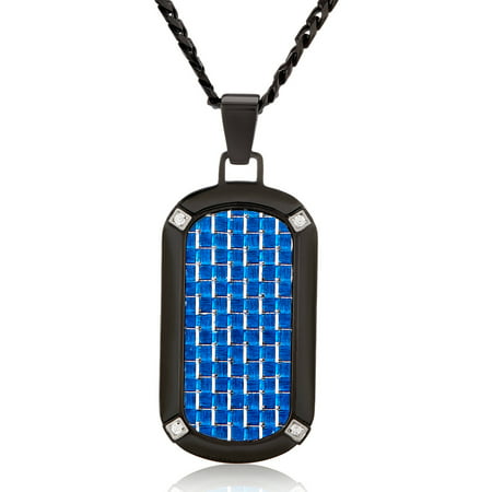 Crucible Black-Plated Stainless Steel Blue Carbon Fiber with CZ Dog Tag Pendant
