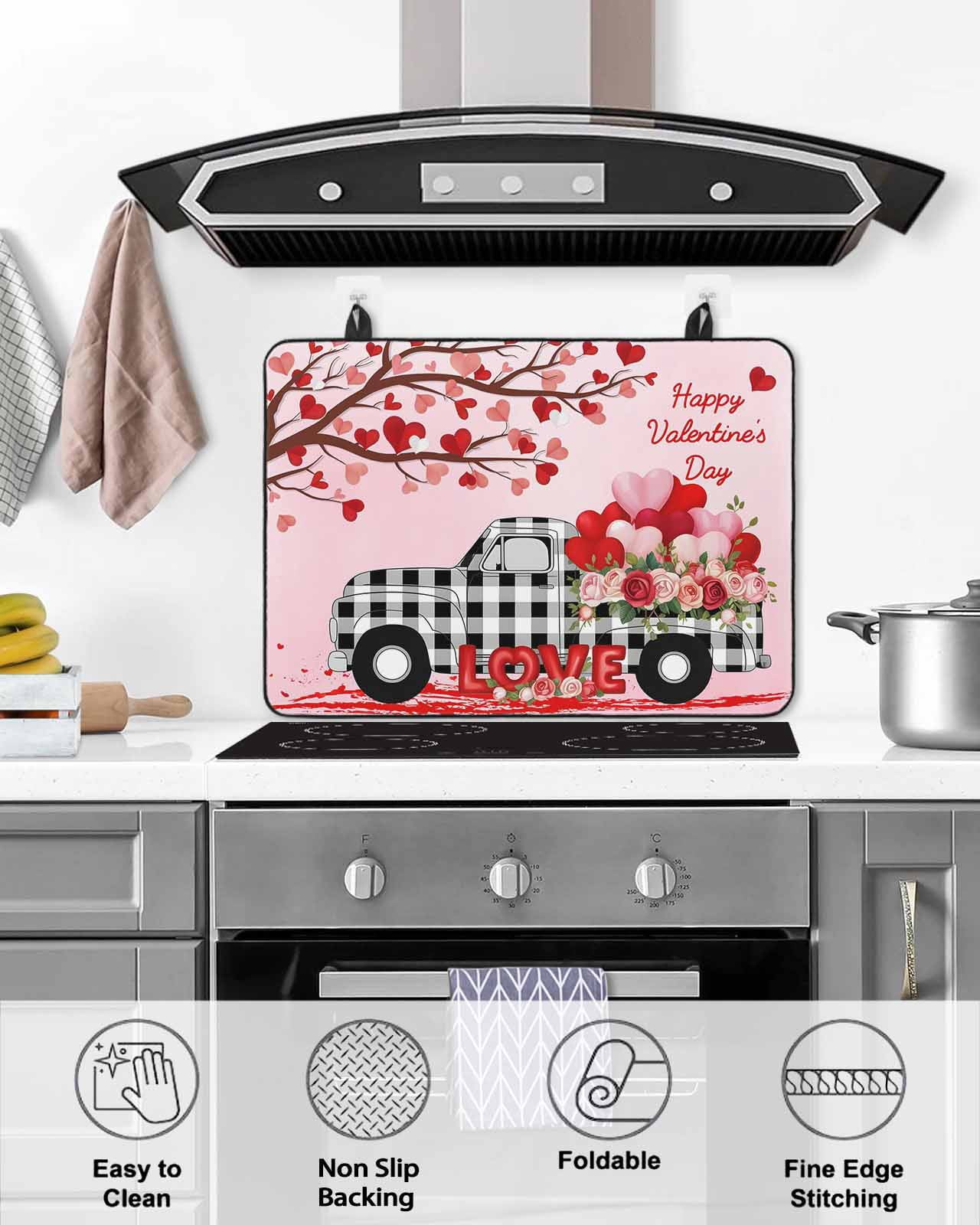 Large Induction Cooktop Protector Mat Valentine's Day Stove Top Covers for Electric Stove, Ombre Pink Love Tree Truck Roses Plaid Decorative Stove Burner Cover Mats, Glass Top Stove Cover