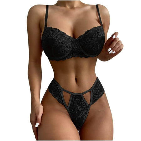 

Leodye Black and Friday Deals Women Bra Clearance Womens Hollow Out Lace Solid Color Sling Pajama Set Lingerie Set Black XXL