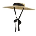 thumbnail image 2 of Sombreros grandes de paja Natural para mujer, visera de playa de ala ancha, elegante, plana, con cinta larga y cordones, Verano, 2 of 4