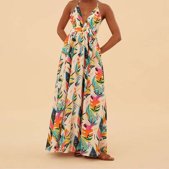 Morttic Women's Bohemian Tropical Floral Spaghetti Strap V-Neck A-Line Maxi Dress Sexy Summer Beach Vacation Long Dress Multicolor,S