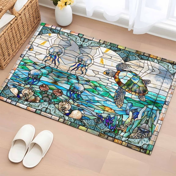 Stained Glass Sea Turtle Bathroom Rug Washable 2x3 Entryway Rug Non Slip Summer Coastal Ocean Jellyfish Front Door Mat Low Pile Indoor Doormat Throw Floor Carpet for Kitchen Bedroom Entrance