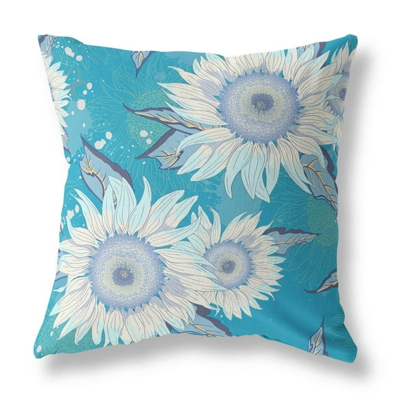 20" Sunflower Broadcloth Blown and Closed Pillow in Blue White Fabric